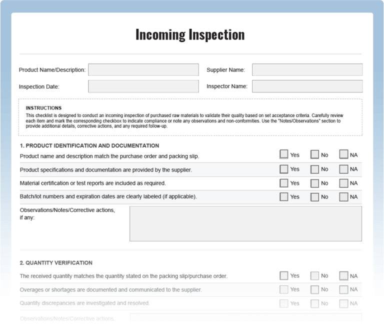 Incoming Inspection Checklist - Download Free PDF