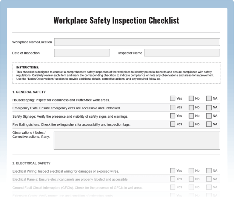 Workplace Safety Inspection Checklist - Download Free PDF