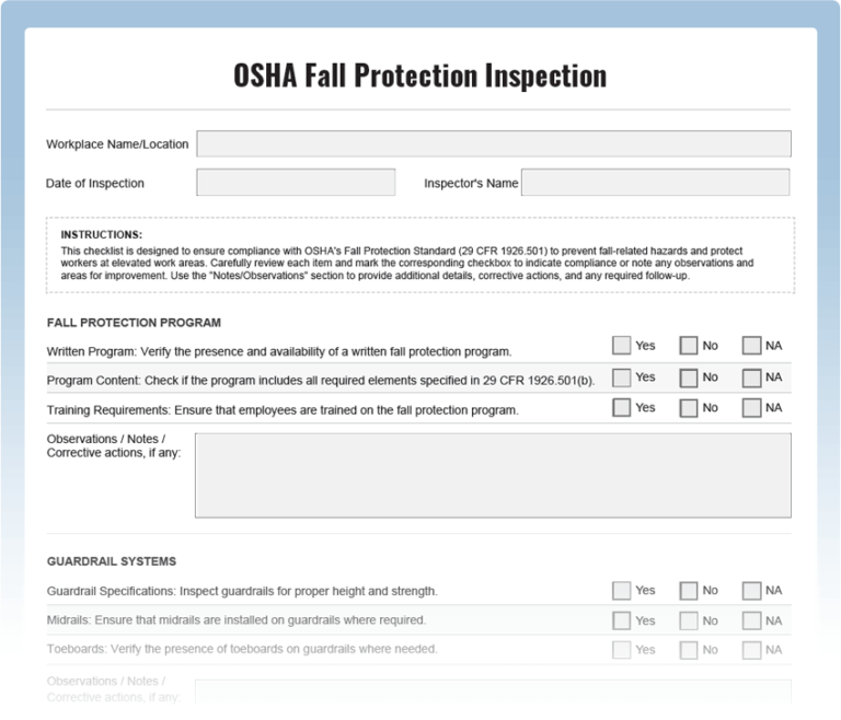 OSHA Fall Protection Inspection Checklist - Download Free PDF