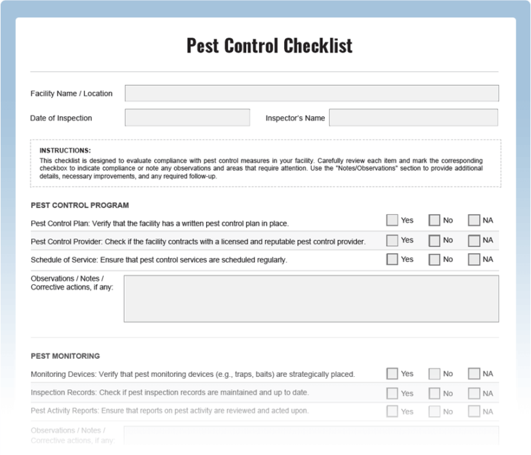 Pest Control Inspection Checklist Download Free Pdf 8707