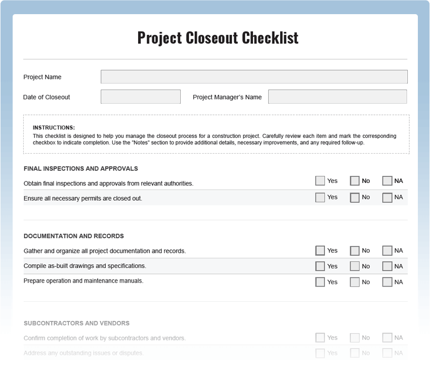 Project Closeout Checklist Download Free PDF