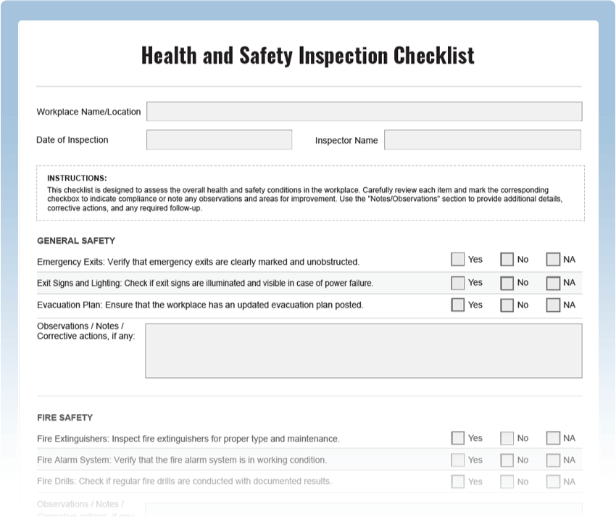 Health and Safety Inspection Checklist