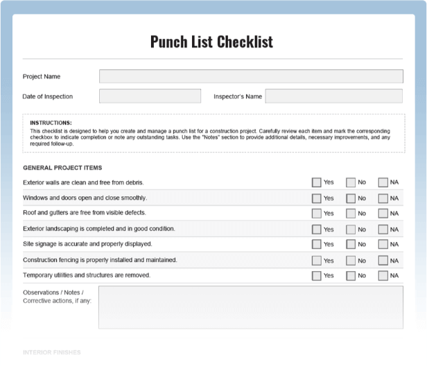 Construction Punch List Checklist