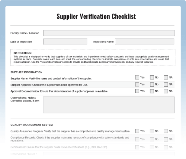 Supplier Verification Inspection Checklist