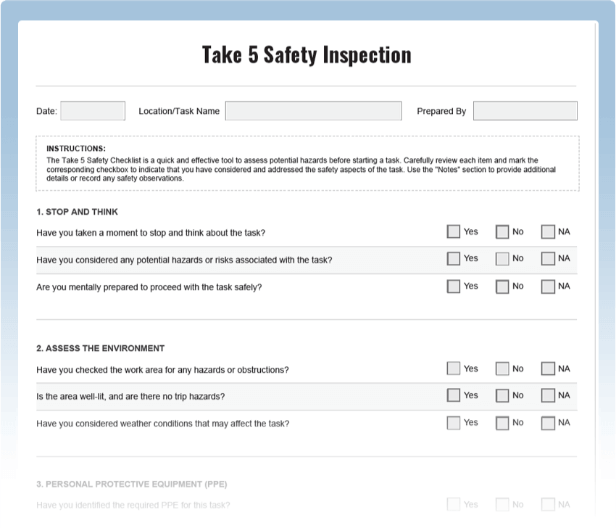 Take 5 Safety Inspection Checklist